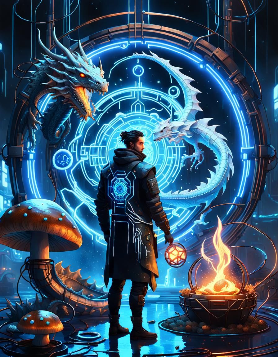 Bio-Cyborg Amidst Neon Vortex with Dragon, Girl, and Man in....