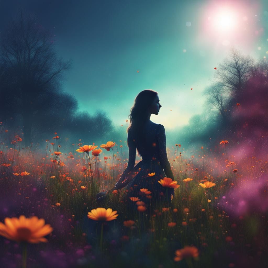 Vibrant Flower Meadow Double Exposure Portrait