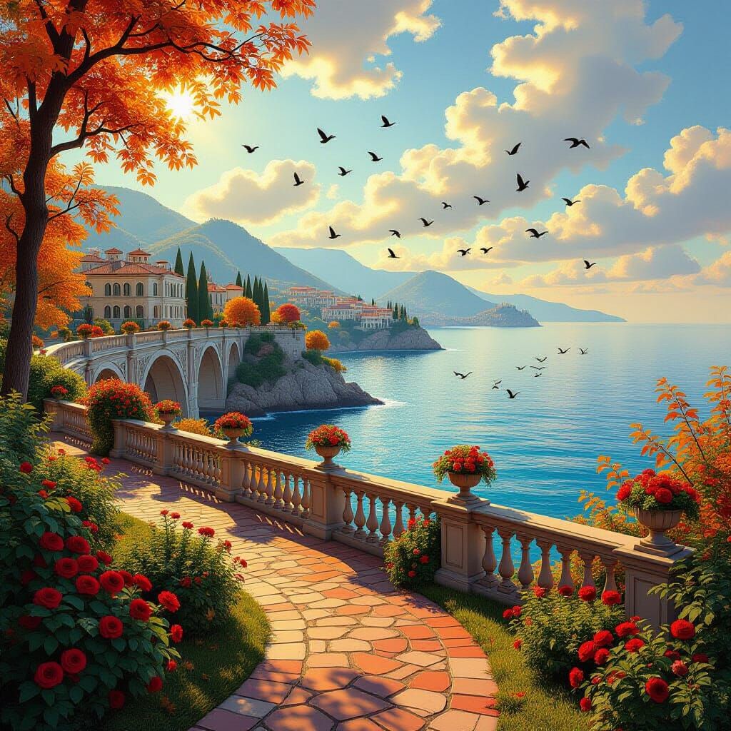 Autumn Garden Oasis with Roman Bridge Over Blue Sea
