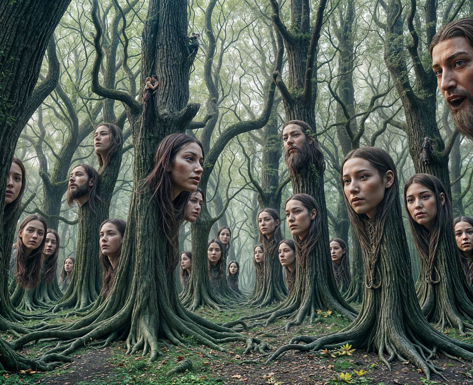 Photorealistic Fantasy Forest of Talking Tree Faces