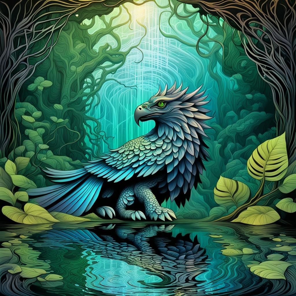 Iridescent Gryphon Bathing in Jungle Cenote