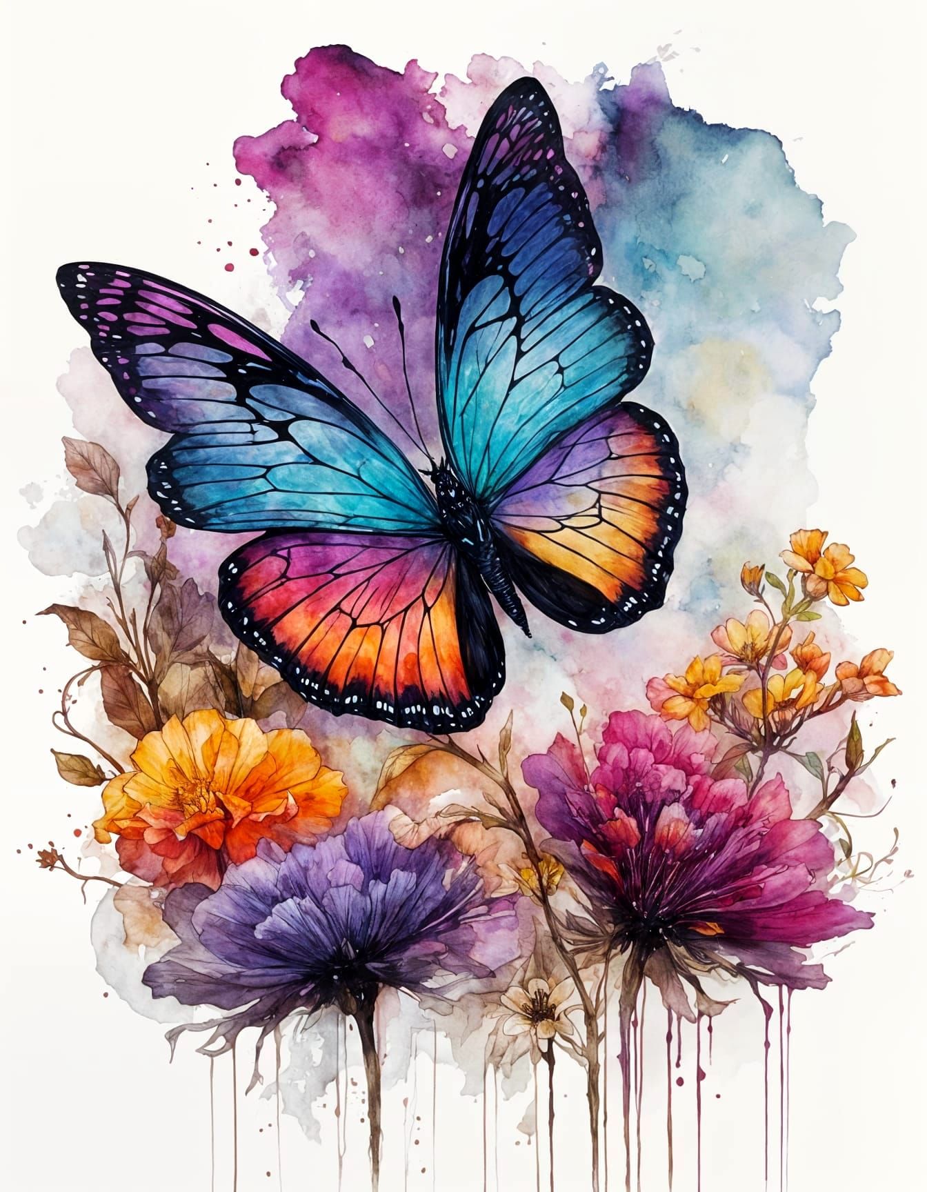 Whimsical Butterfly in Vibrant Ink Art