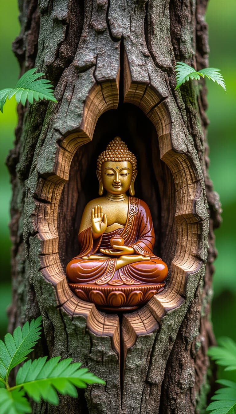 Miniature Buddha Wood Carving in Tree Hollow