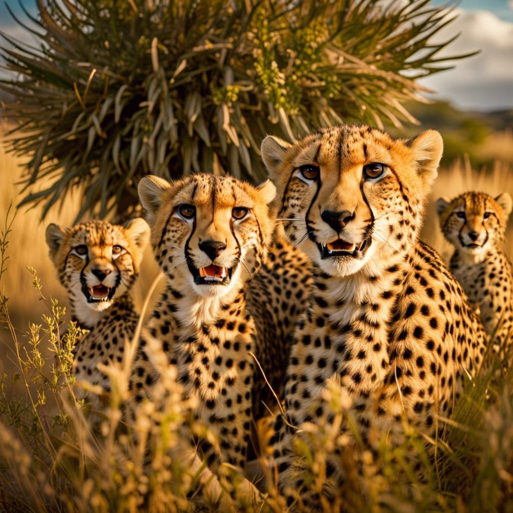 ""Cheetah family in the brush