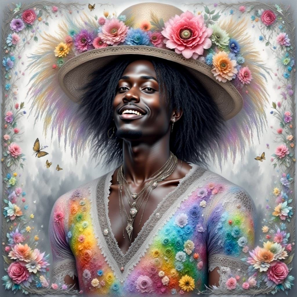 Young Man in Floral Hat and Rainbow Dress Portrait