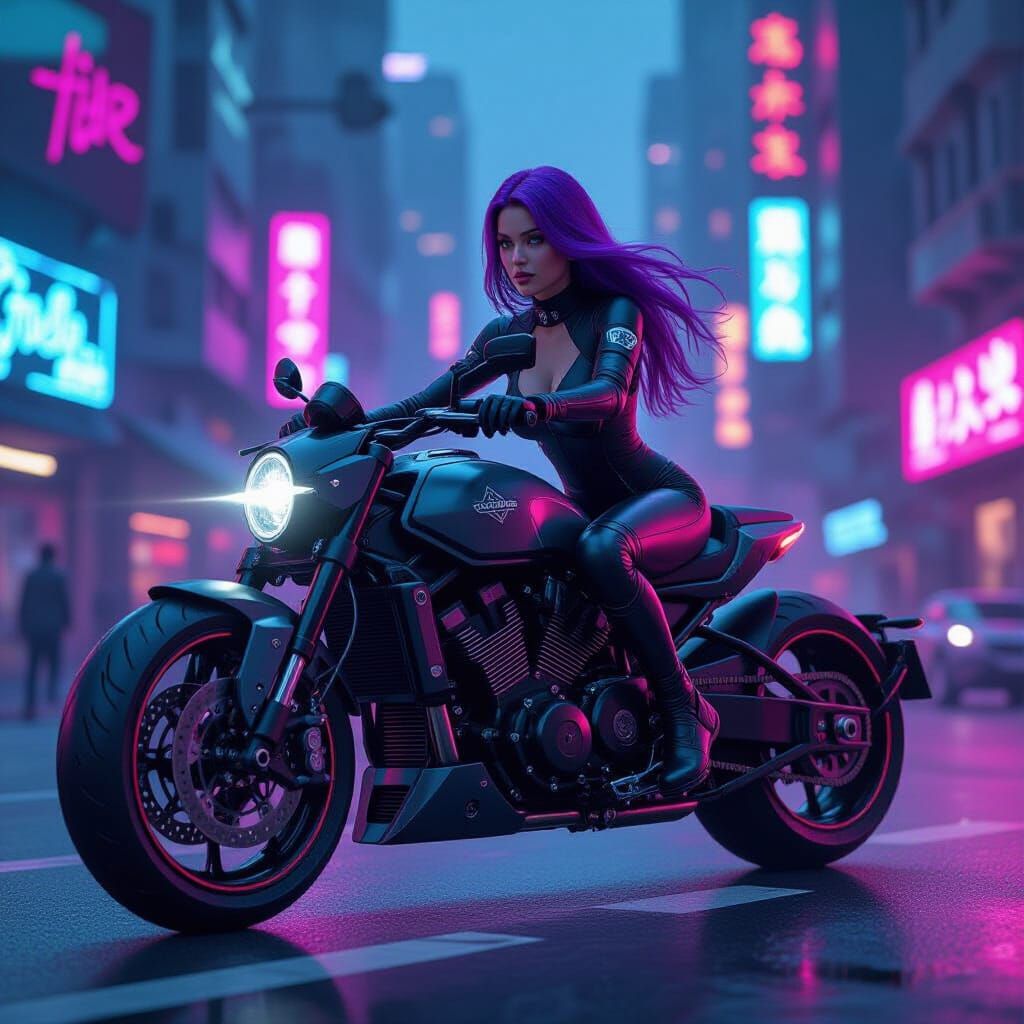 Cyberpunk Woman Rides Armored Motorcycle Through Neon City