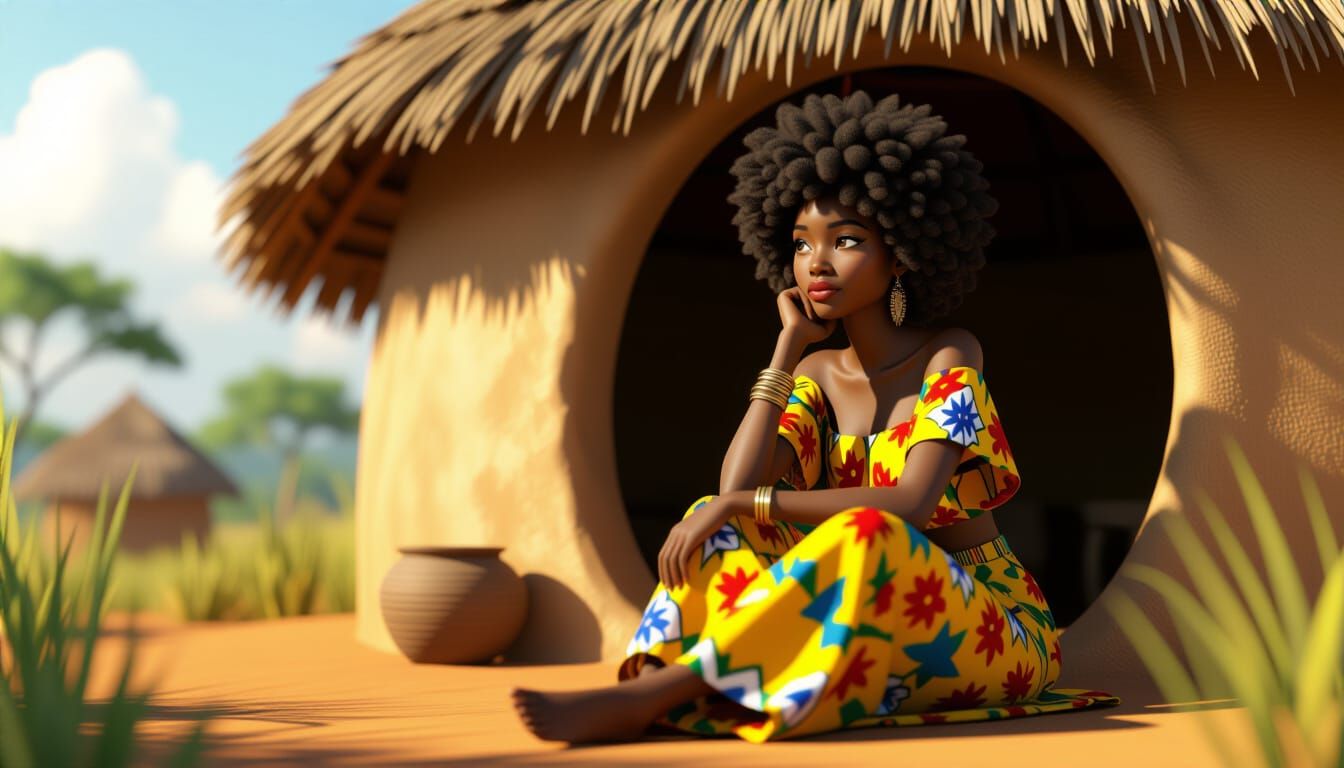 African Woman in Ankara Outside Hut, Realistic Animation Sty...