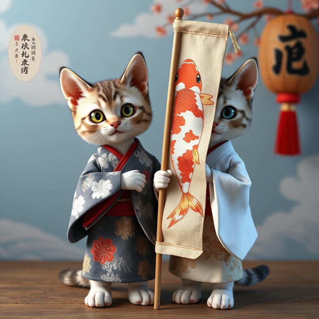 Two Adorable Kitten Guardians of Tanabata's Vibrant Spirit