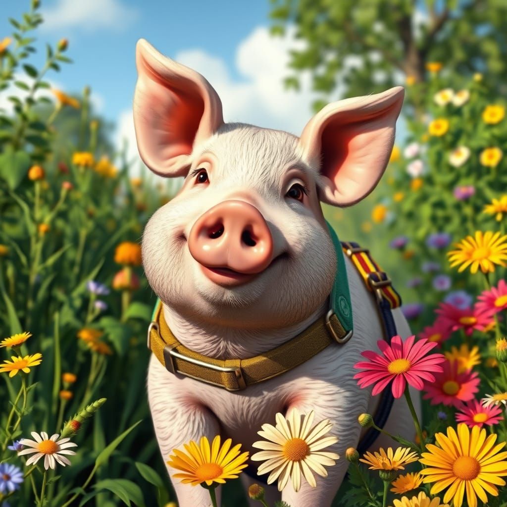 Smiling Pig in Sunny Farm, Whimsical Art