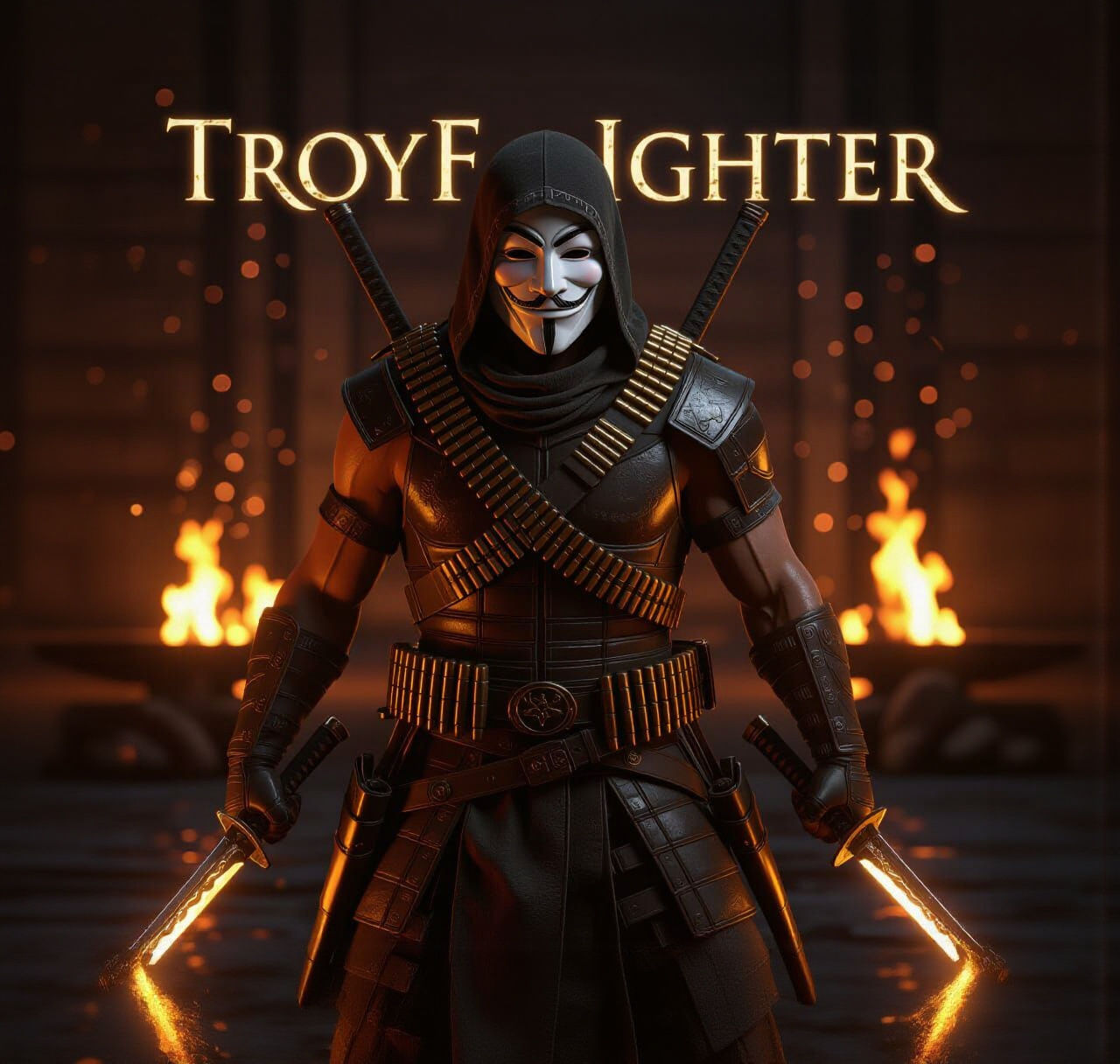 Fierce Warrior in Burning Fire with Dual Katanas