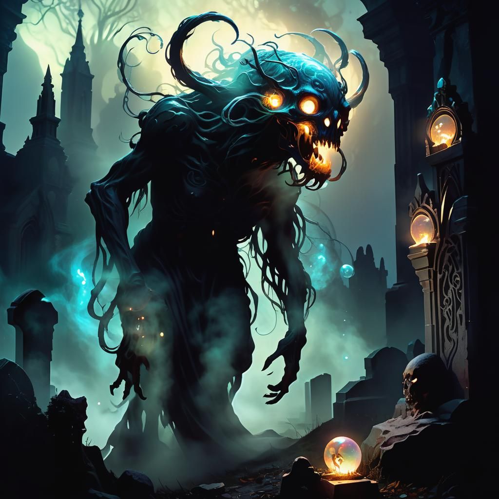 Ethereal Creature Emerges from Graveyard in Dark Fantasy Art
