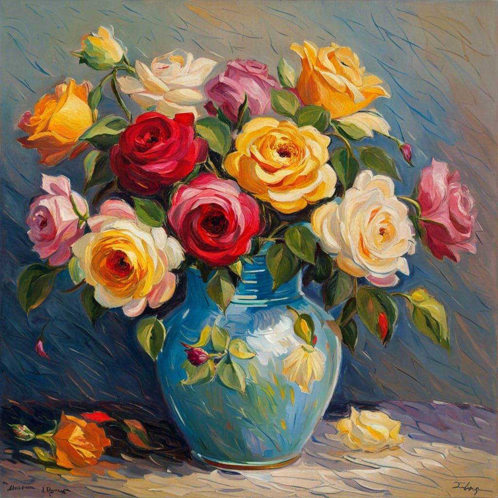 Colorful Roses in Blue Jug: Impressionistic Style