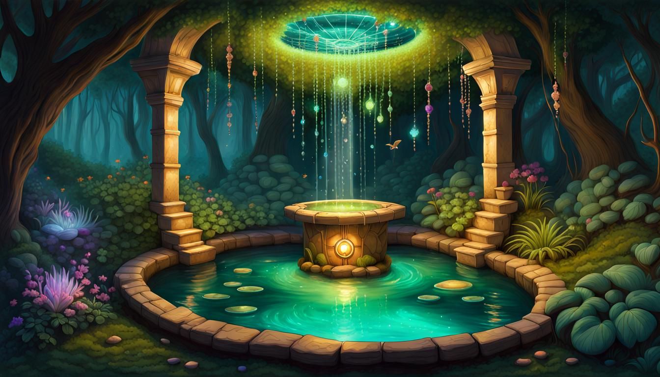 Luminescent Underground Wishing Well with Gemstones