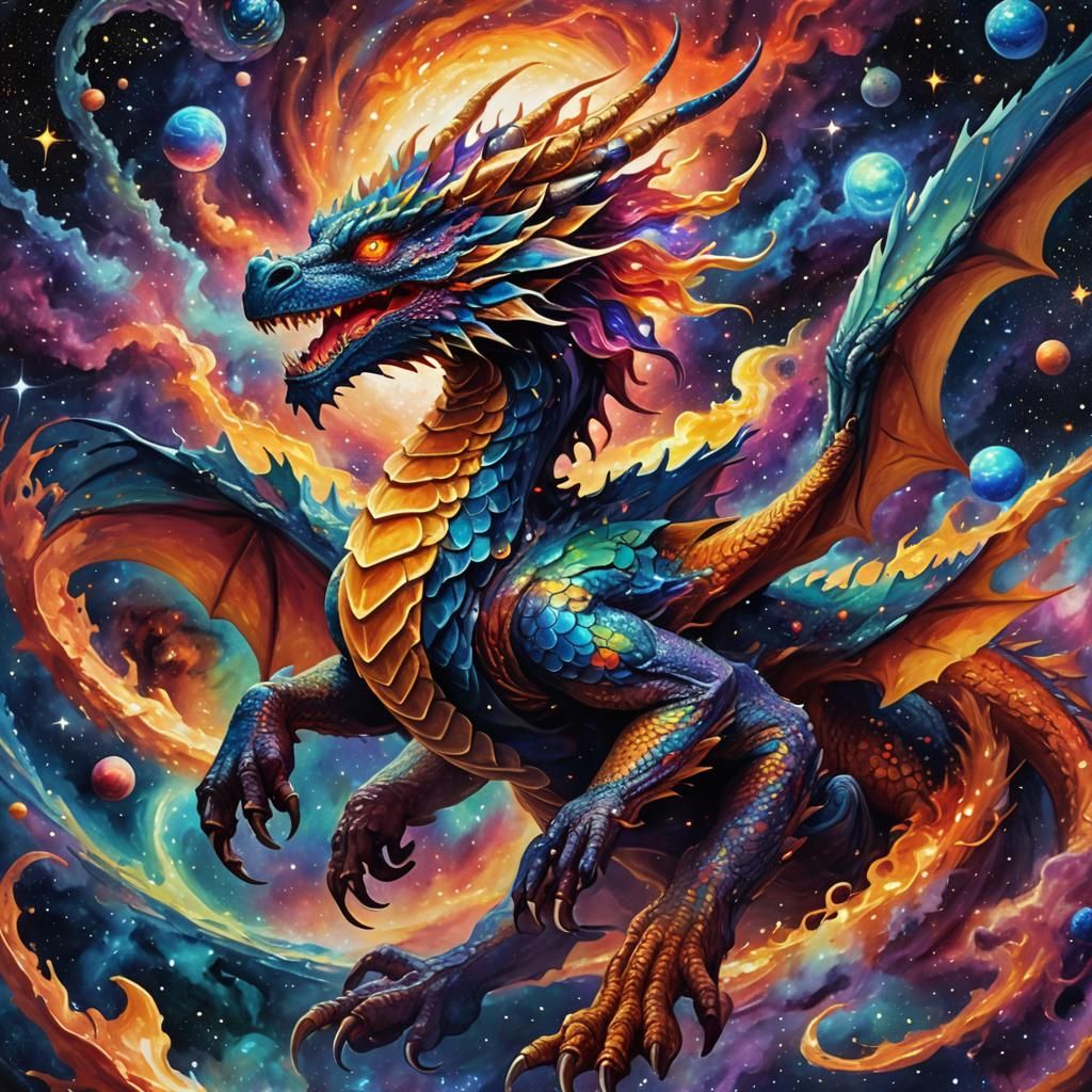 Spacedragon Soaring Through Galaxy in Surrealist Style