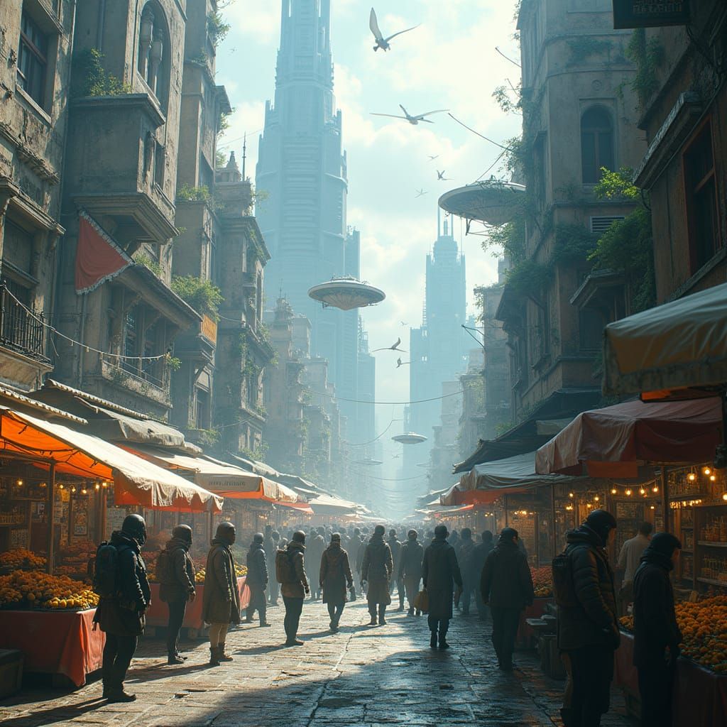 Futuristic City Marketplace with Alien Creatures