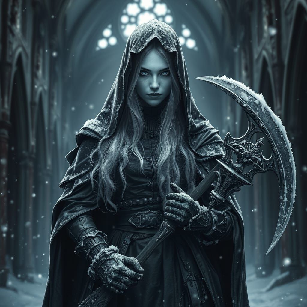 Ethereal Gothic Warrior in Frozen Cathedral