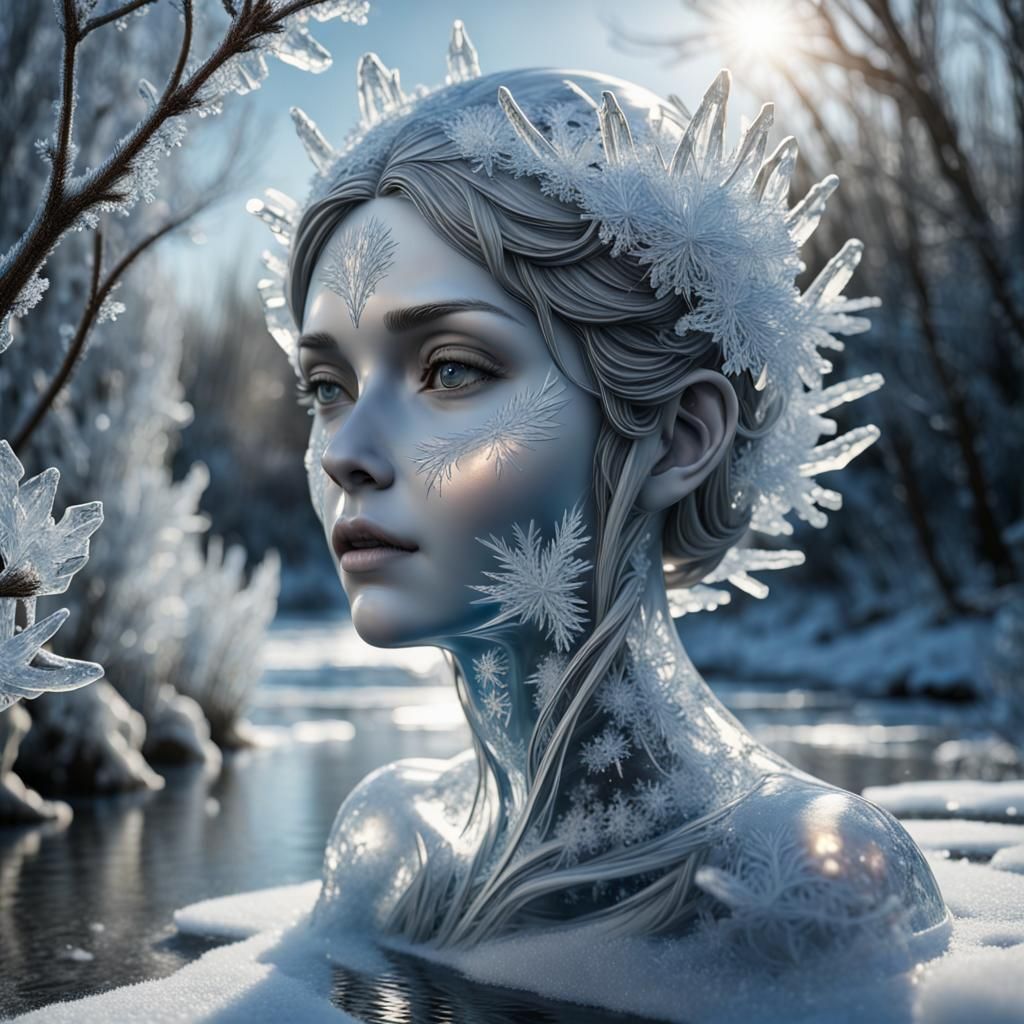 Icy Woman Sculpture in a Winter Fantasy Landscape