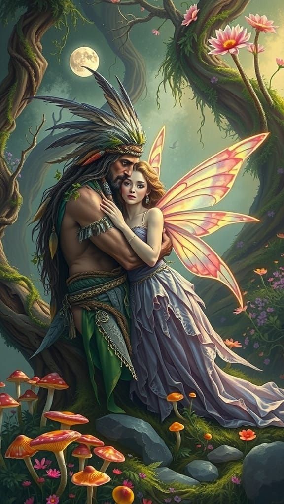 Mystical Shaman and Fairy in Vibrant Forest