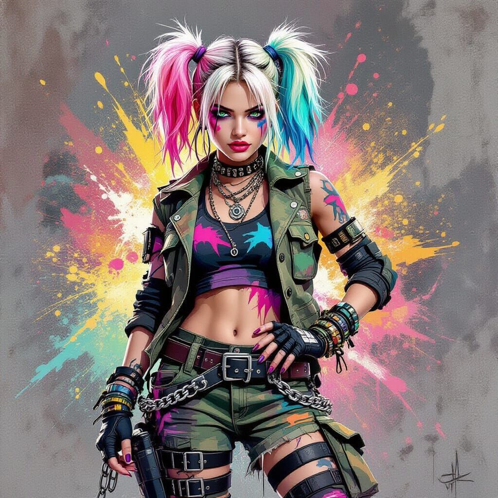 Punk-Inspired Woman with Pastel Hair in Vibrant Abstract Sty...
