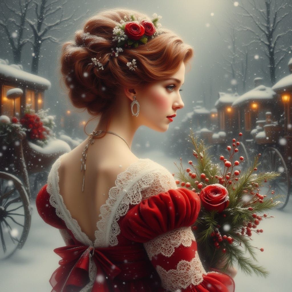 Victorian Woman in Winter Snowstorm Oil Painting