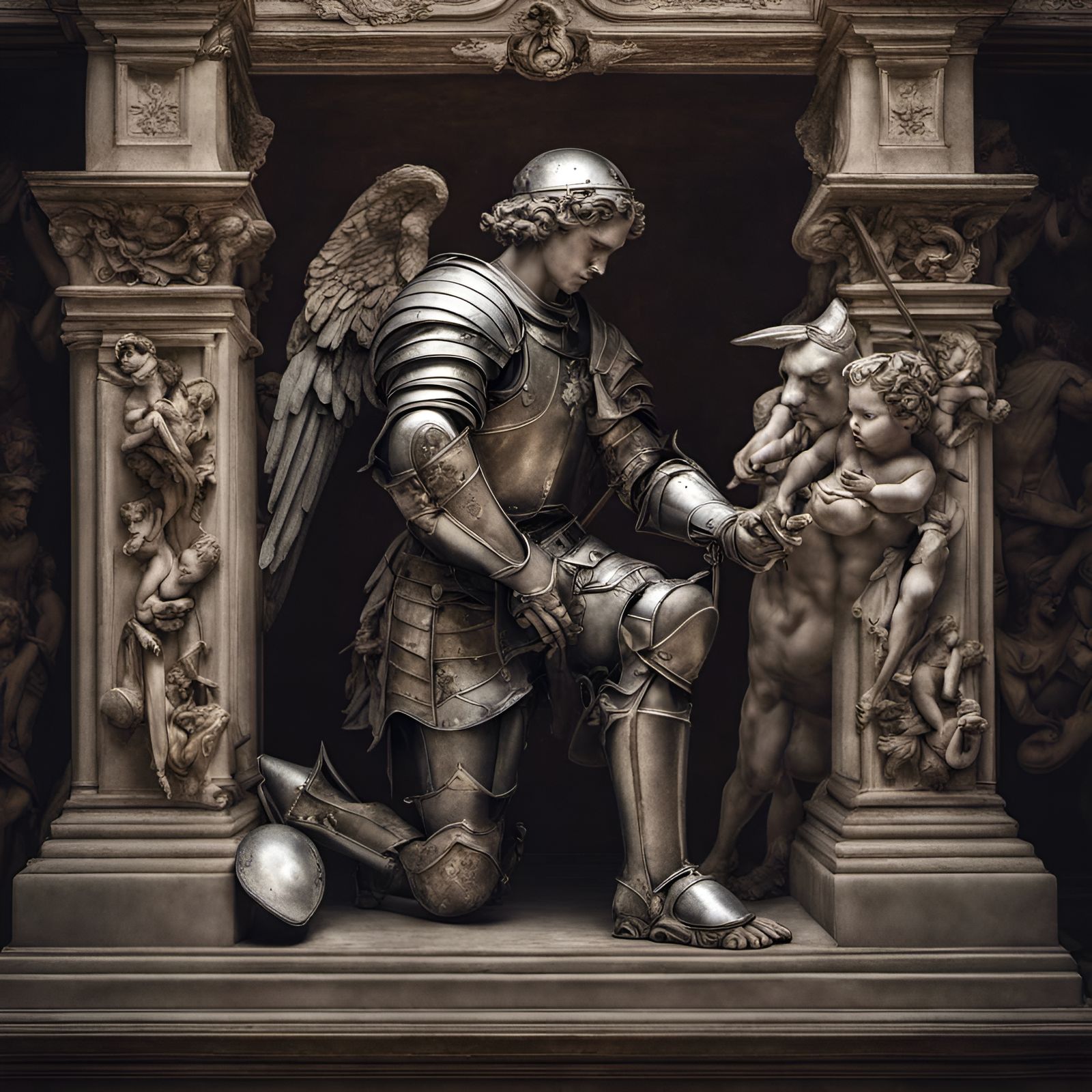 Renaissance Knight Kneeling Before Cupid
