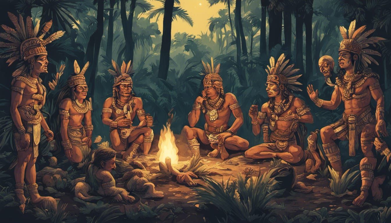 Aztec Gods Meeting in Night Woods