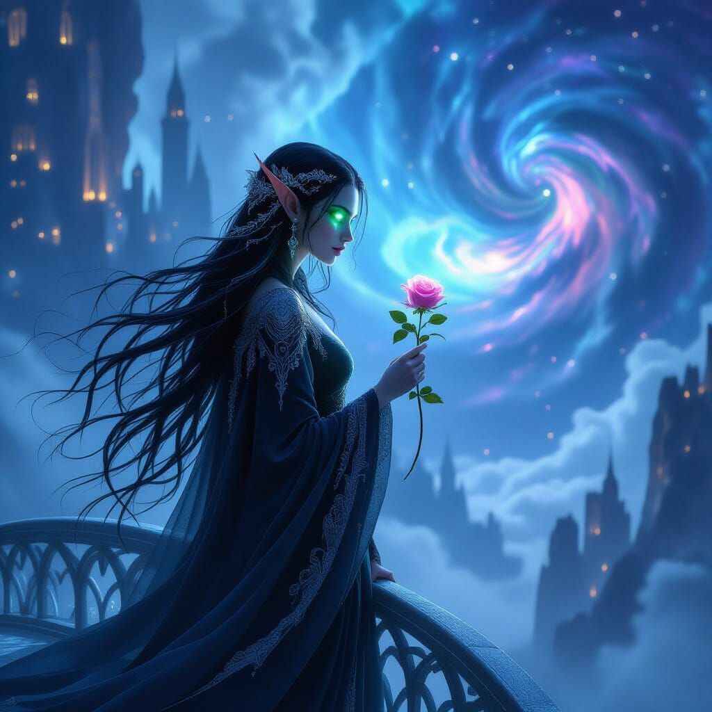 Ancient Elf on Crystalline Bridge Amidst Cosmic Nebula