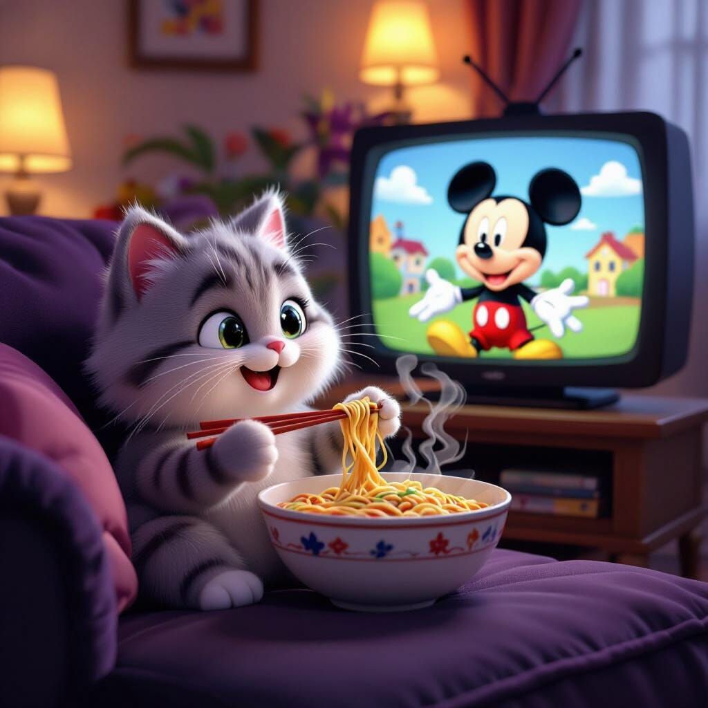 Cartoon Cat Alfaba Enjoys Noodles While Watching TV