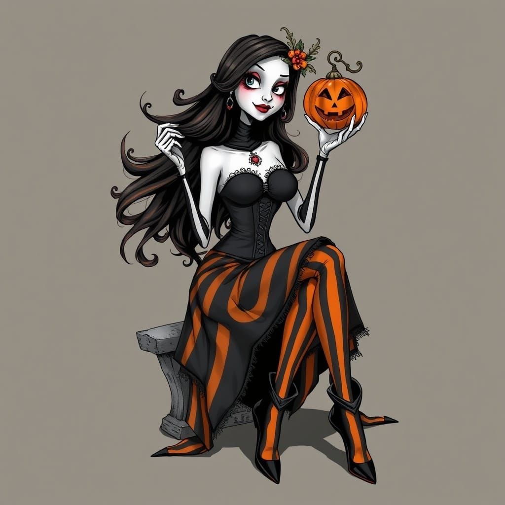 Gothic Pin-Up Figure with Jack-o'-Lantern in Burton-esque St...