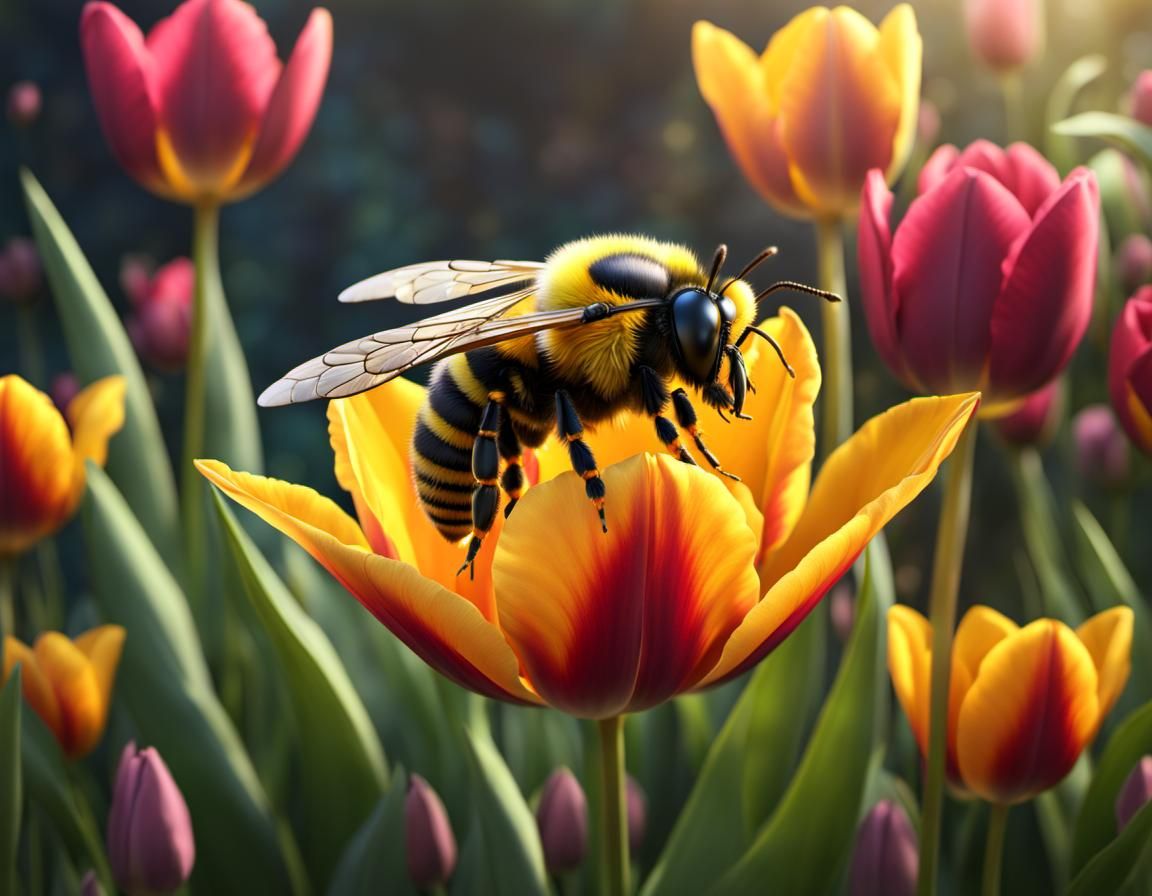 Cute Fuzzy Bee in Tulip: Detailed Matte Painting