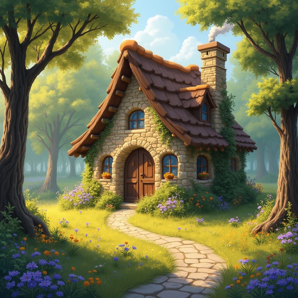 Whimsical Cottage in Sun-Dappled Forest Clearing