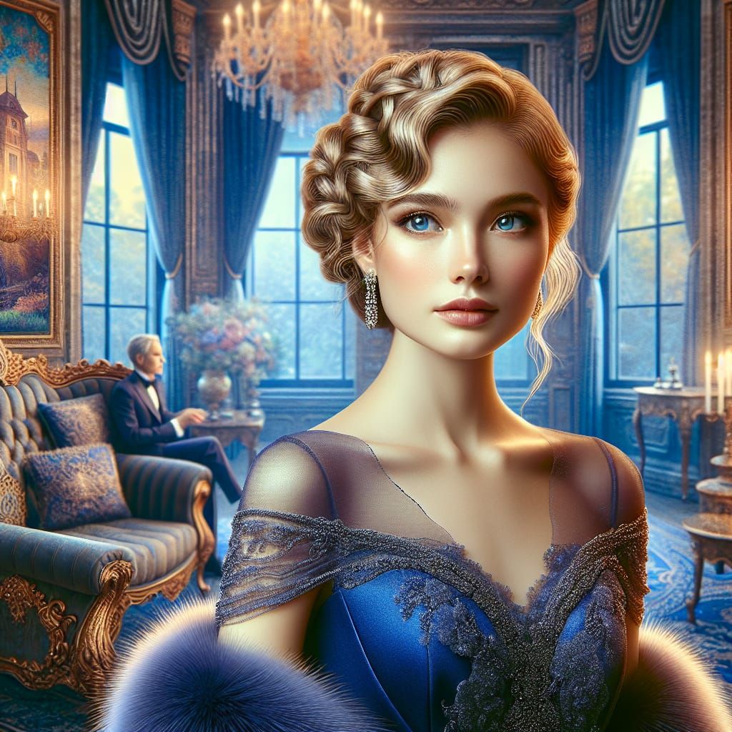 Stunning Woman in Blue Gown in Extravagant Room