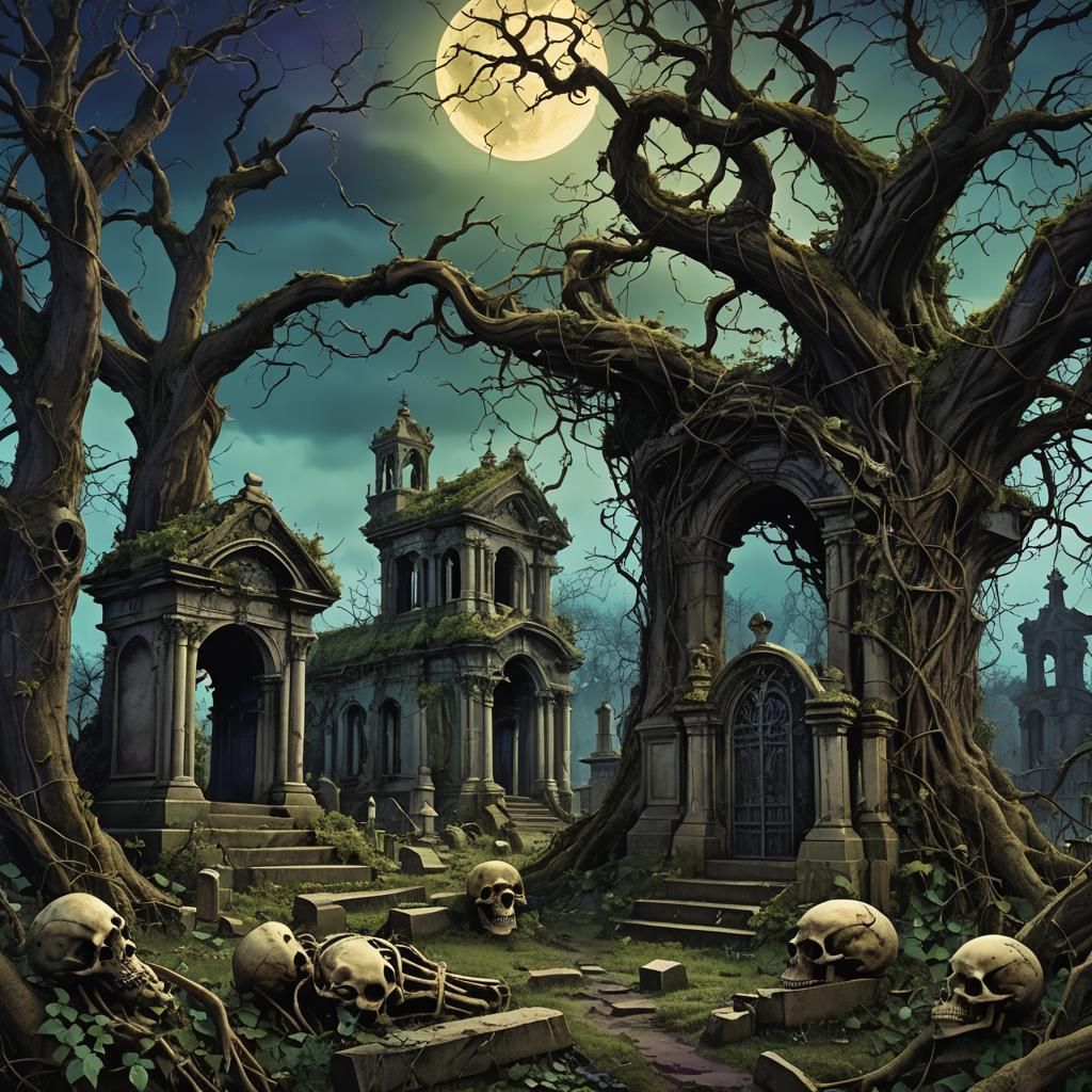 Moonlit Graveyard Skeletons in Dark Fantasy Style