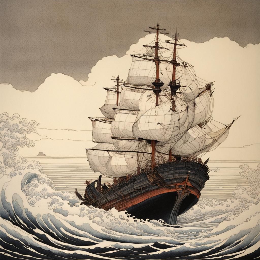 Ship in Hokusai Moebius Inspired Ink Painting