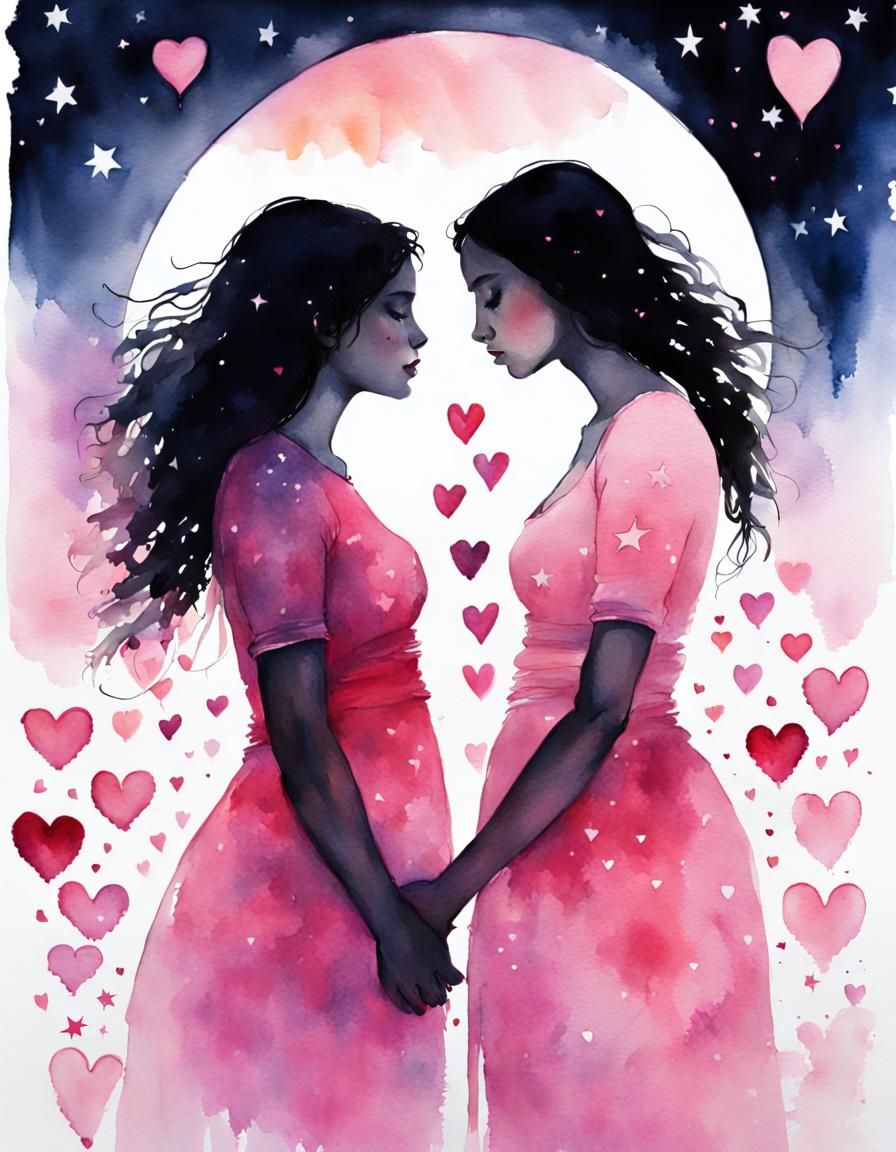 Radiant Embrace Under Pink Moon: Watercolour Art