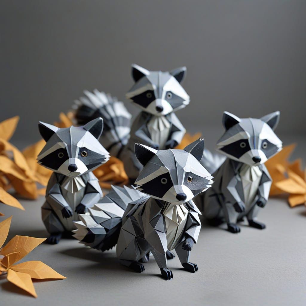 Origami Raccoons in Natural Habitat, Papercraft Art