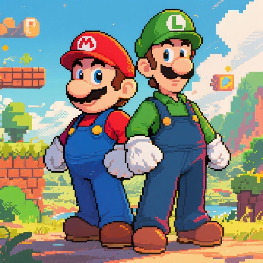 Mario and Luigi Ready for Adventure in Pixel Art Style