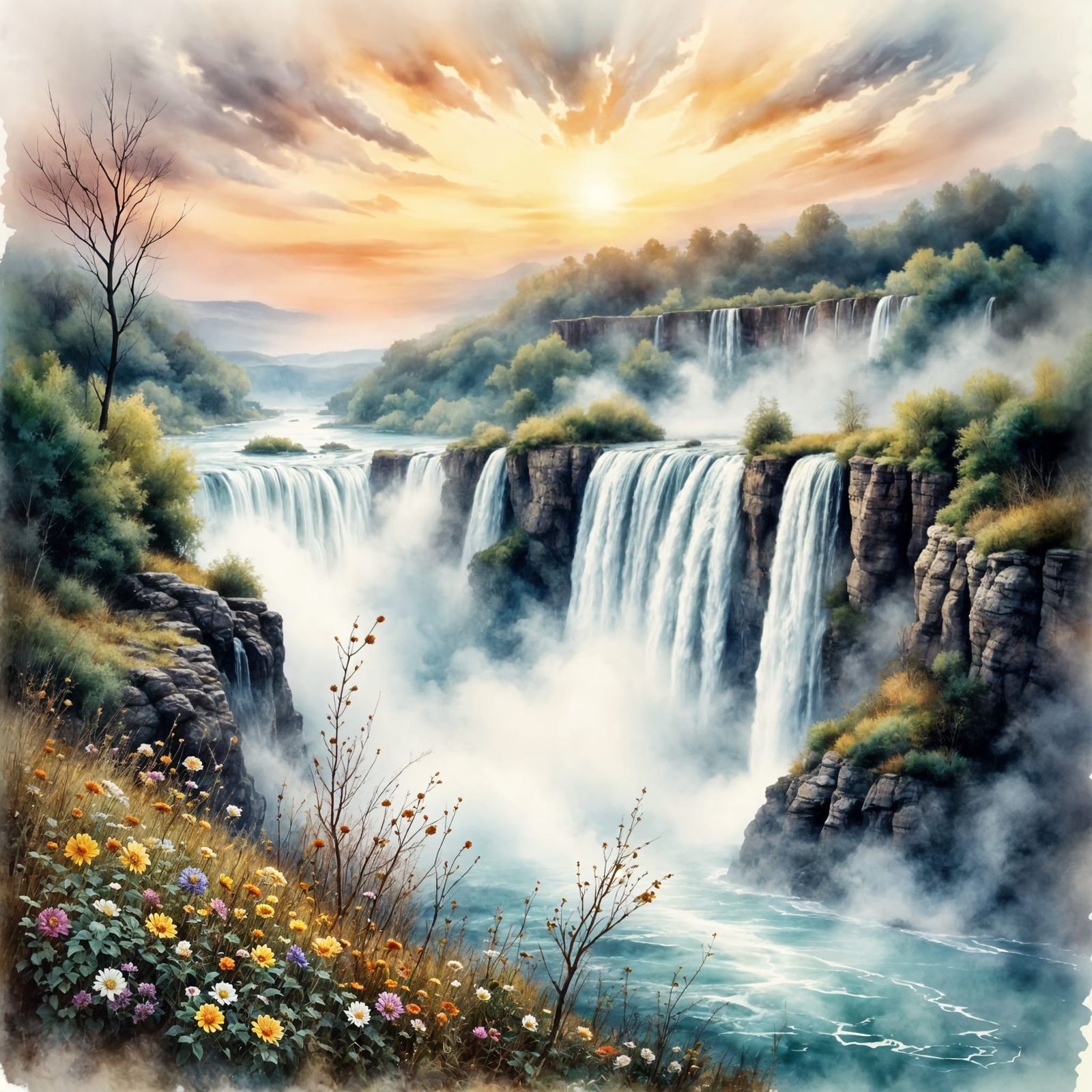 Misty Dawn at Niagara Falls in Antique Watercolor