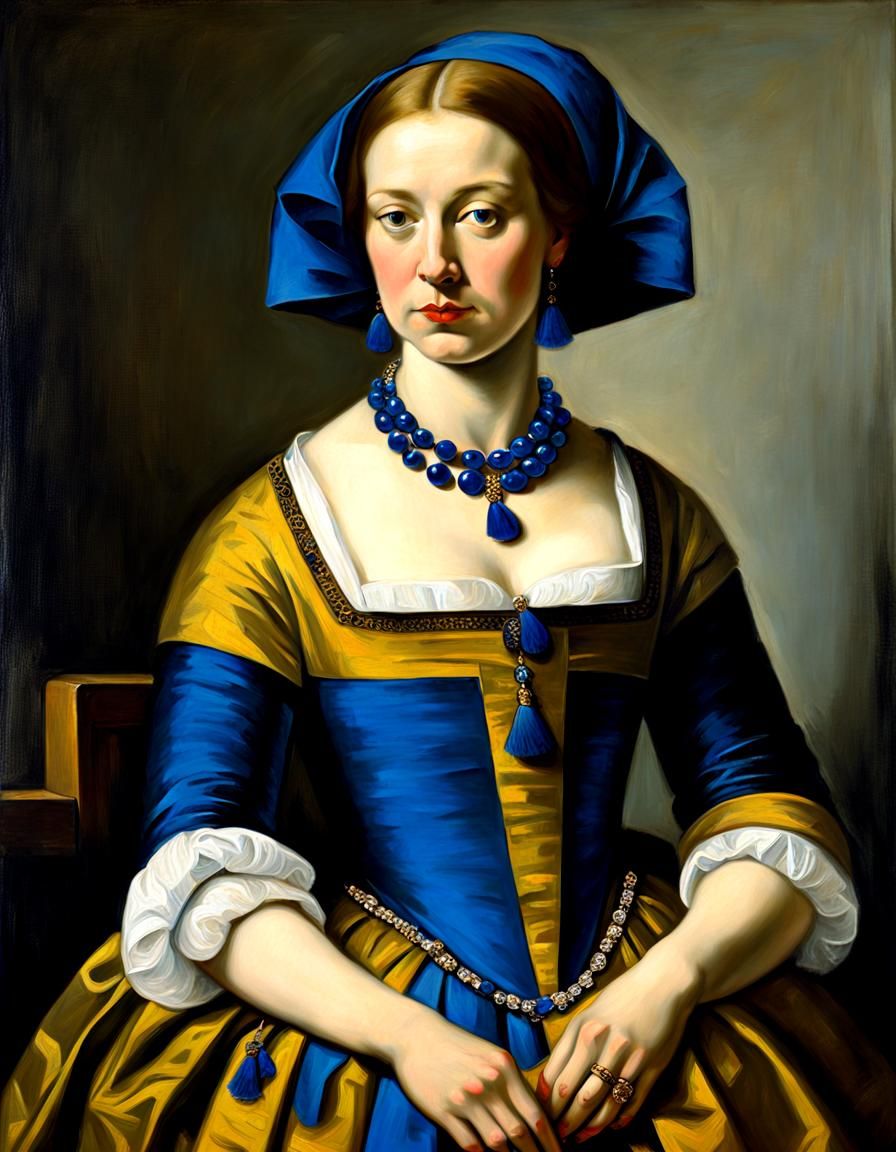 subtle chiaroscuro, soft brush strokes, art by Johannes Vermeer. Portrait of a woman wearing a brilliant ultramarine nec...
