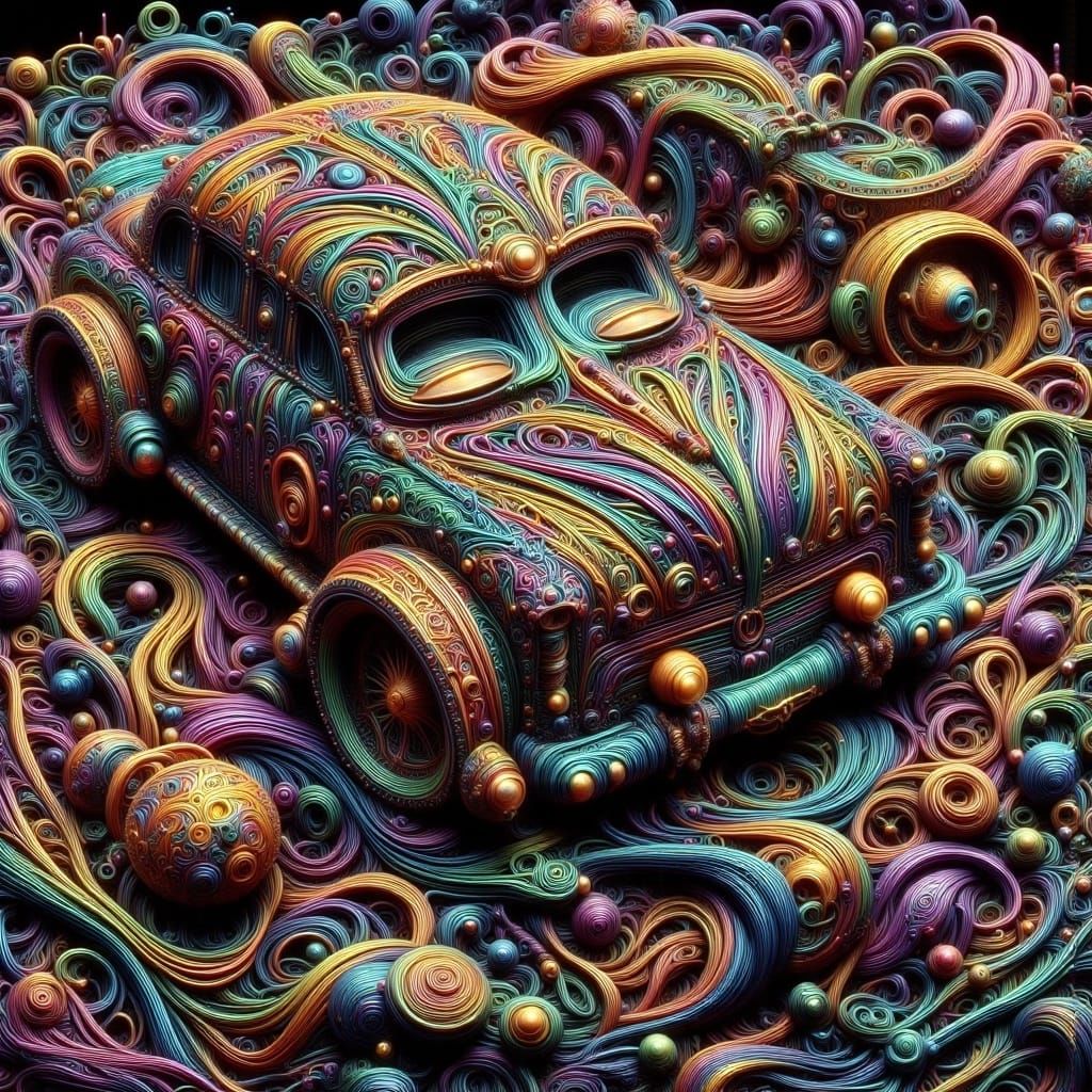 Vintage Car Covered in Musical Notes, Art Nouveau Punk