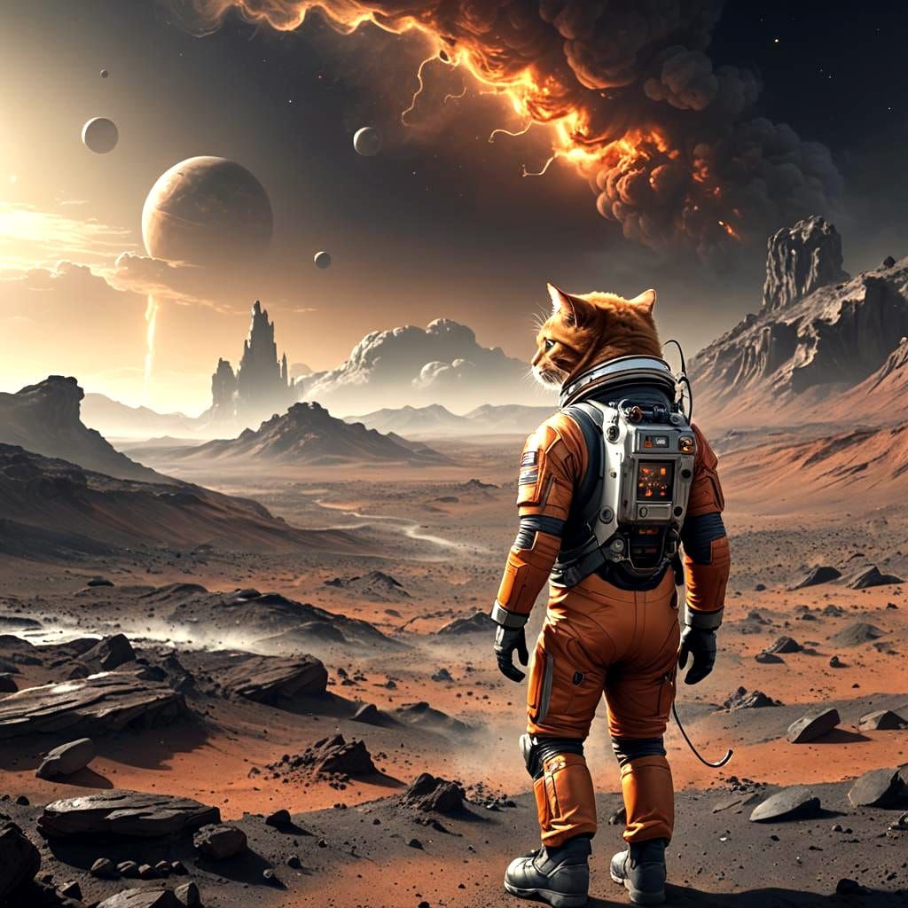 Orange Cat Astronaut Surveys Mars Landscape