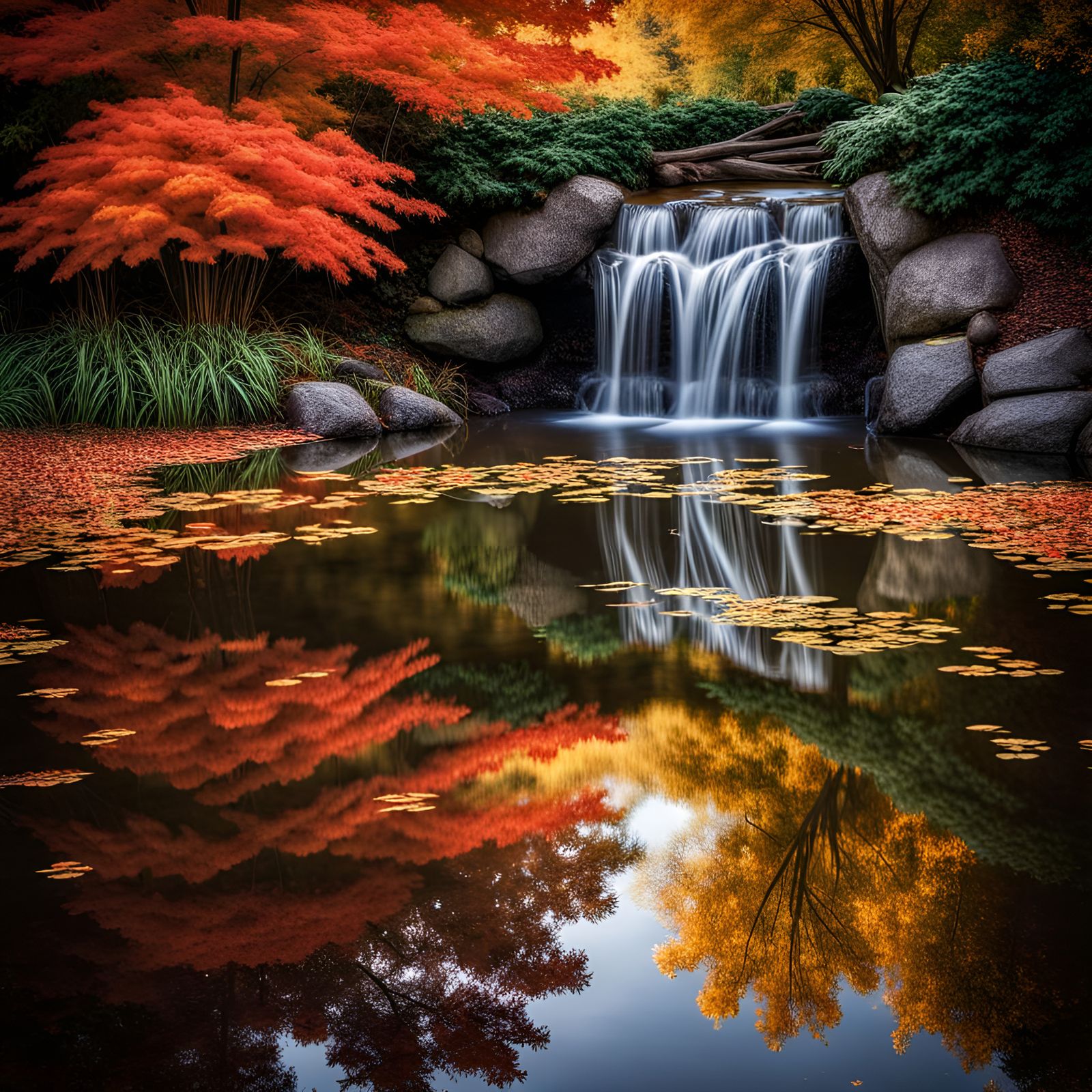 Autumnal Fantasy: Pond Reflections and Waterfall