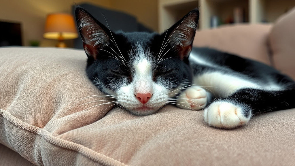 Sleeping Black and White Cat on Velvety Pillow