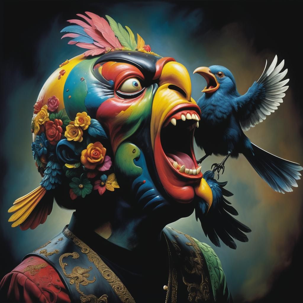 Man Yelling at Bird on Elaborate Mask
