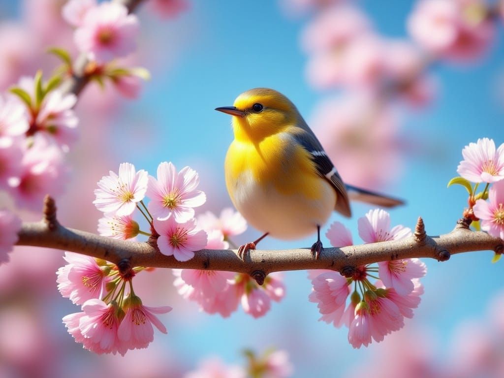 Vibrant Goldfinch Amidst Cherry Blossoms in Springtime Oil P...