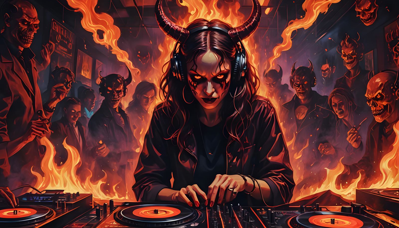 Halloween Devil DJ in a Fiery Nightclub