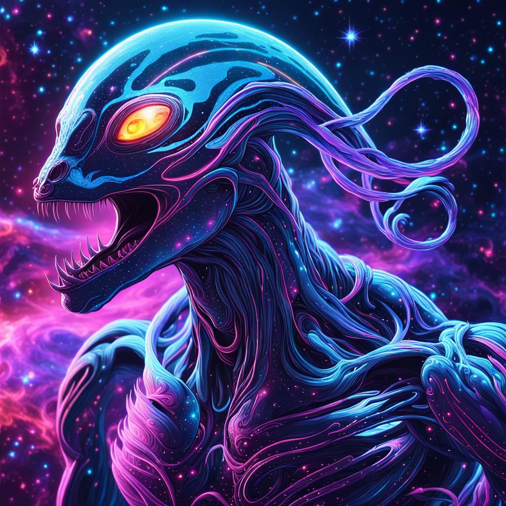 Cosmic Creature Emerges from Neon Void