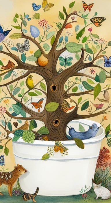 Enchanting Sapling Surrounded by Animals: Whimsical Illustra...
