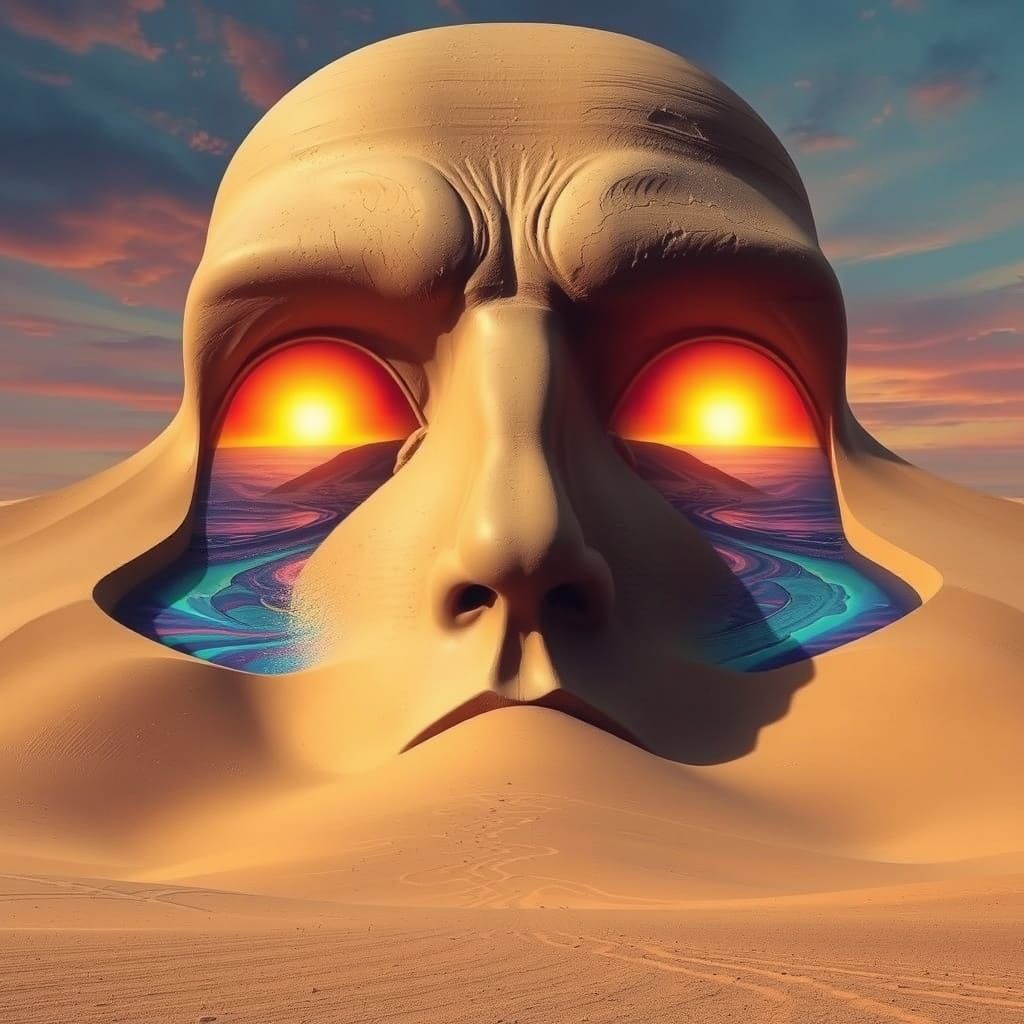 Colossal Desert Face in Vibrant Iridescent Hues