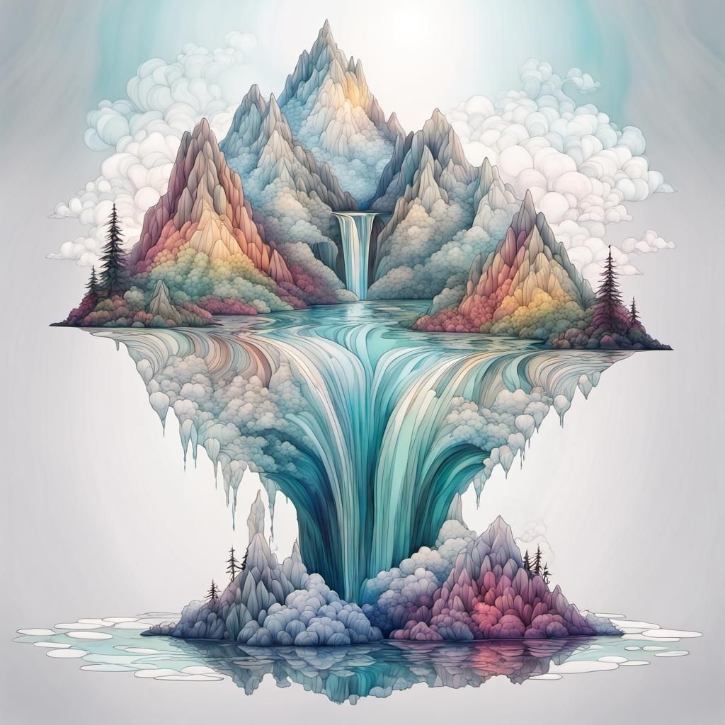 Glass Mountain Waterfall in Art Nouveau Style